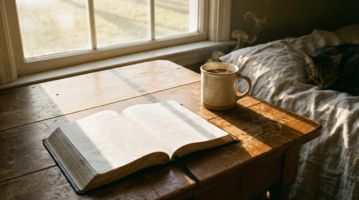 A peaceful morning with an open Bible, a warm mug, and soft light.