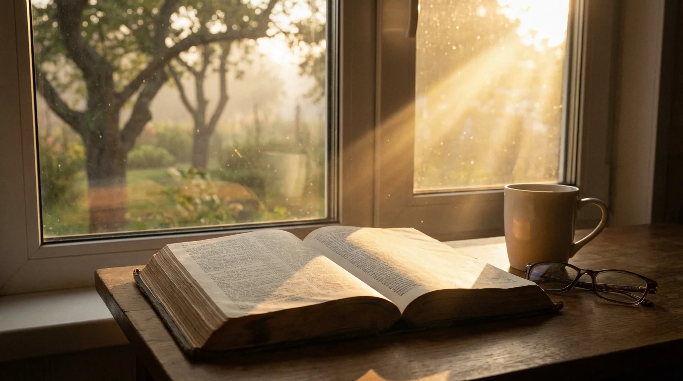 Open Bible by a window with warm morning light and a steaming mug.