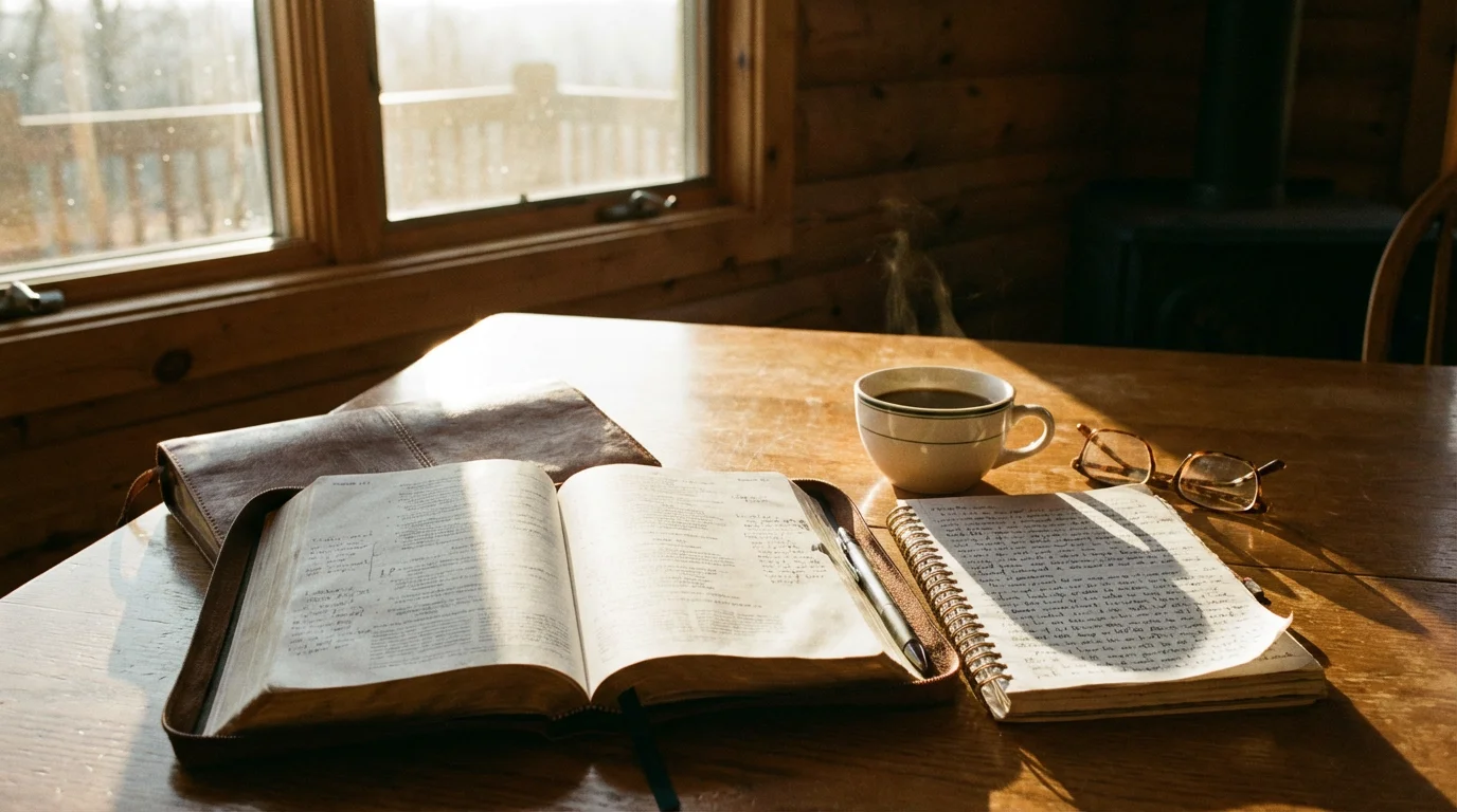 Morning light over an open Bible and a notebook inviting calm reflection.