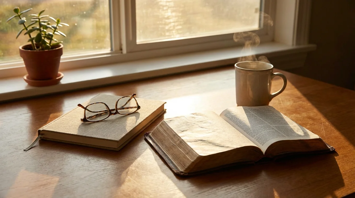 Morning light over an open Bible, a notebook, and a warm mug on a kitchen table.