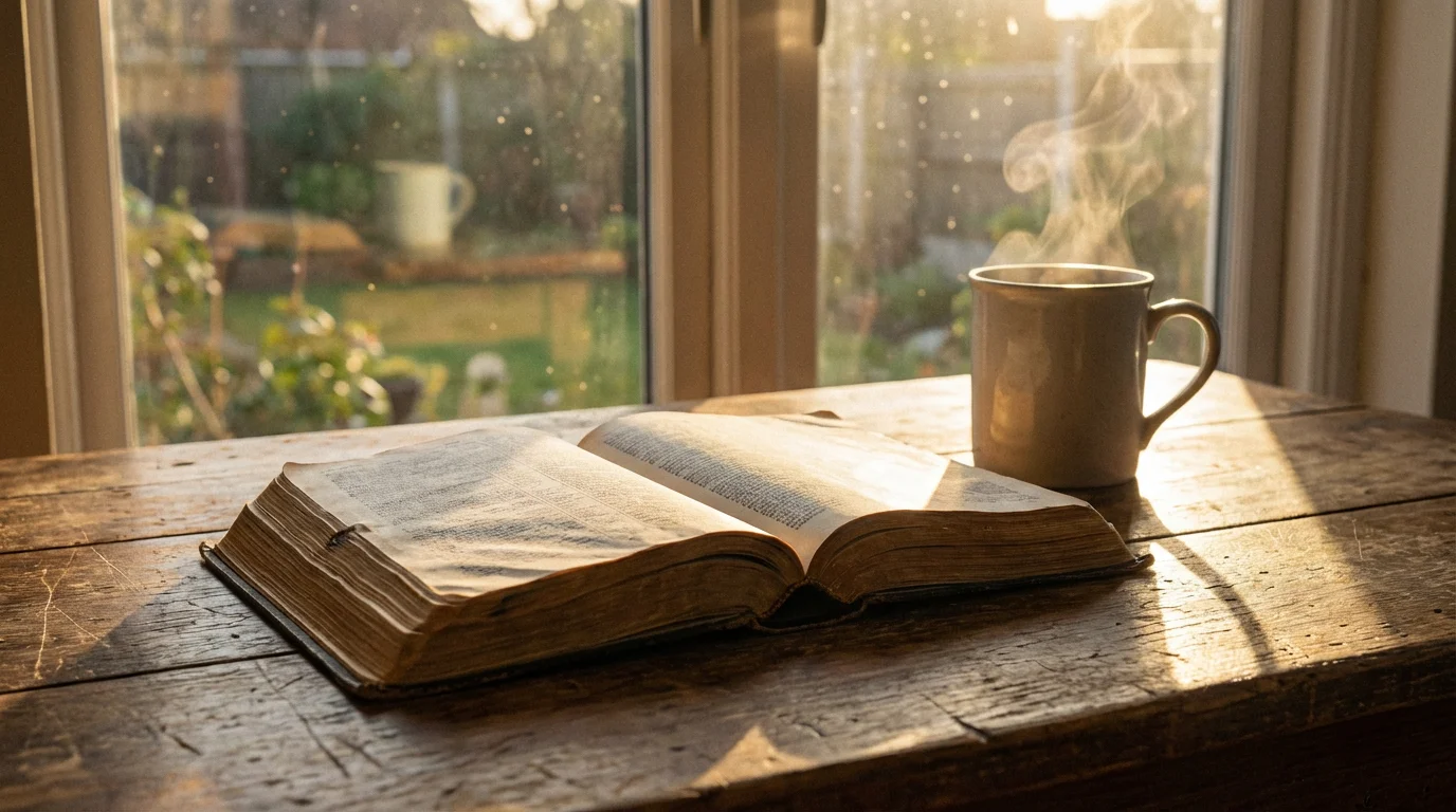 Open Bible on a small wooden table with warm morning light and a steaming mug.