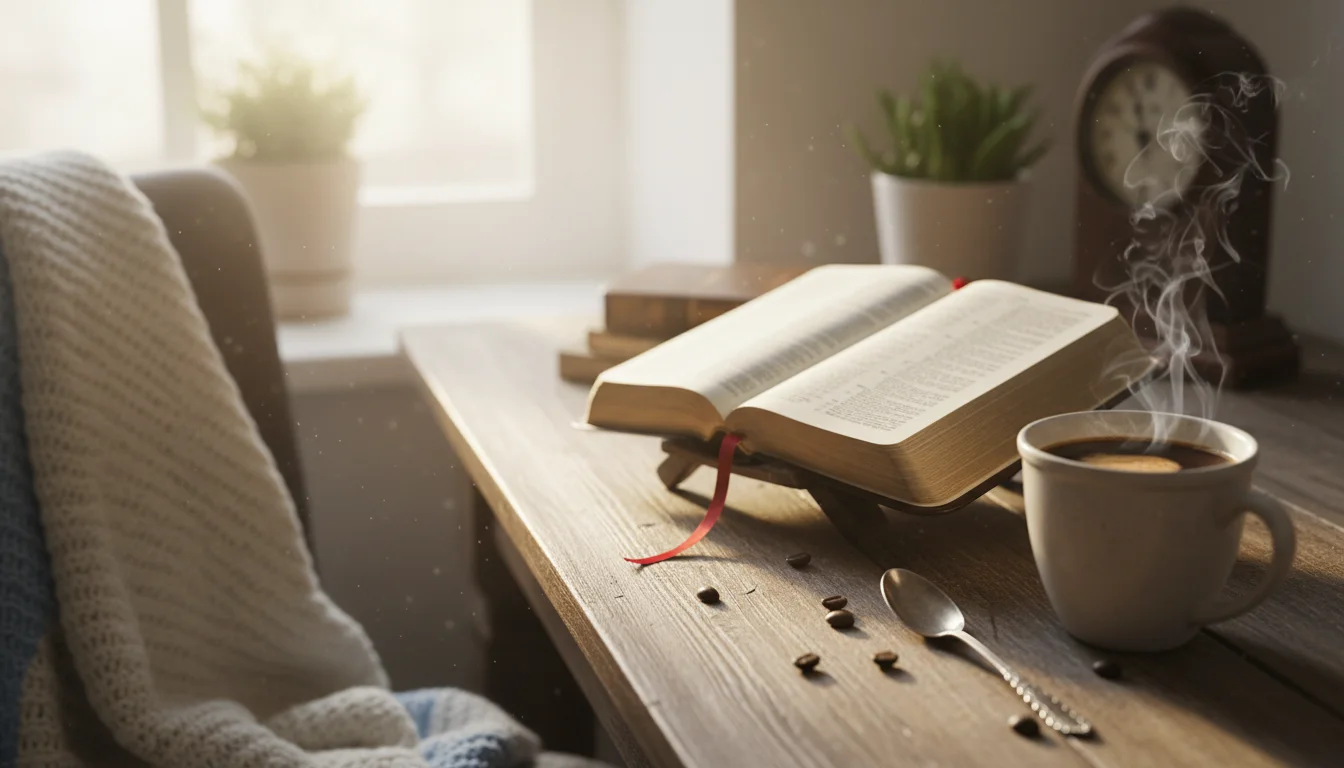 A quiet morning desk with an open Bible, notebook, and coffee in soft light.