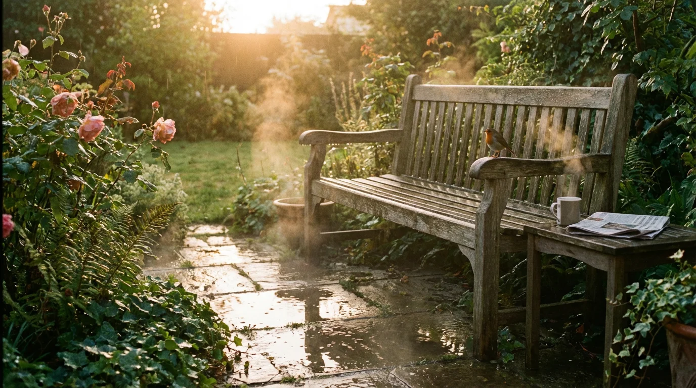Morning light on a quiet garden bench after rain.