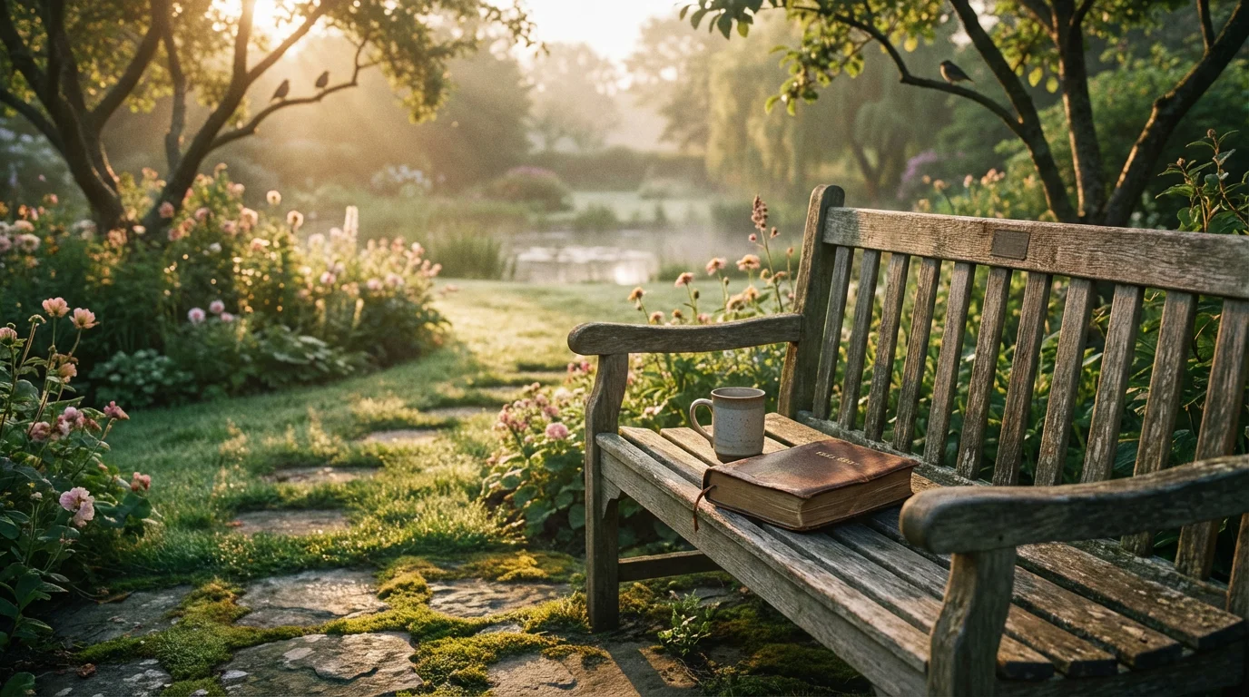 A peaceful garden at dawn with a bench and a closed Bible inviting quiet prayer.