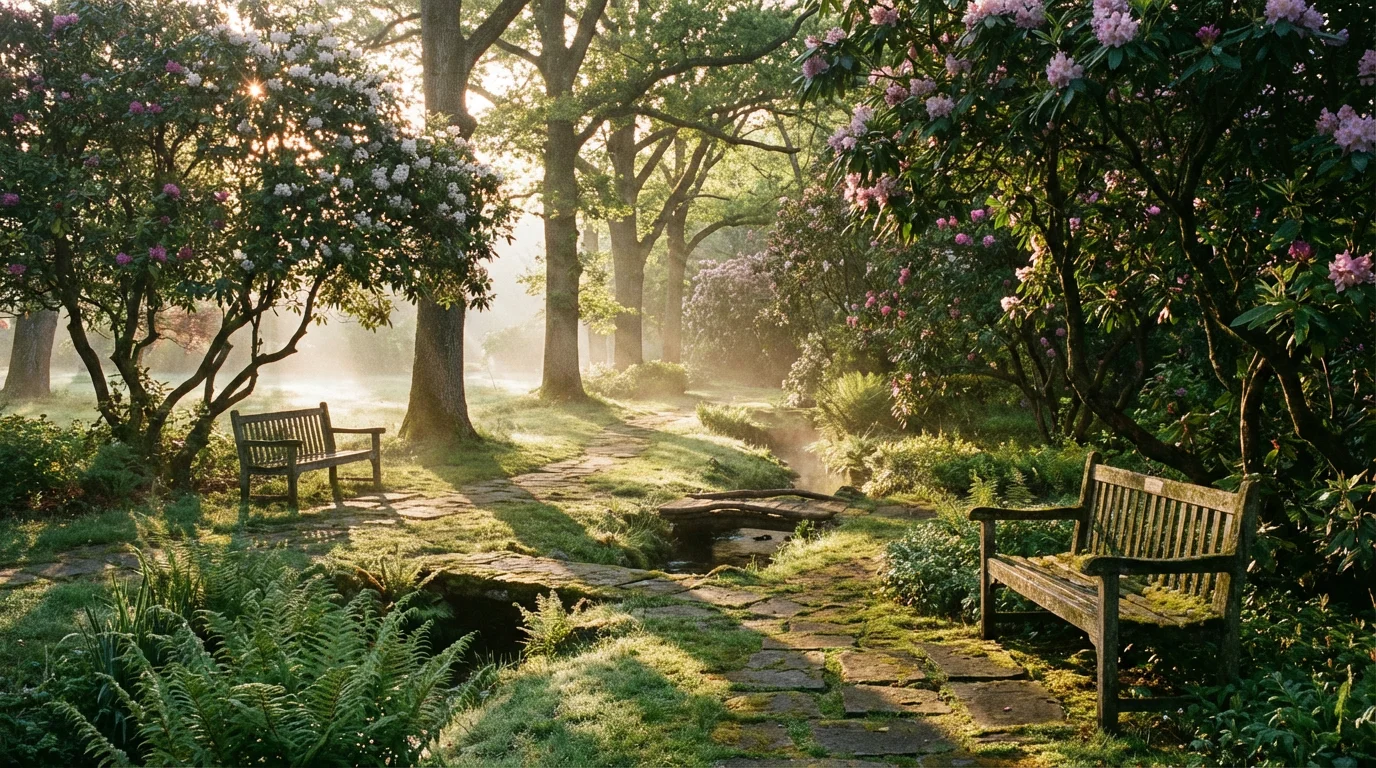 A peaceful garden path at dawn with soft sunlight and dew-kissed leaves.
