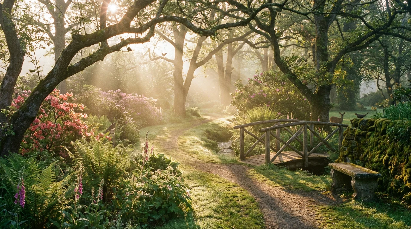 A peaceful garden path in morning light, inviting reflection and calm.