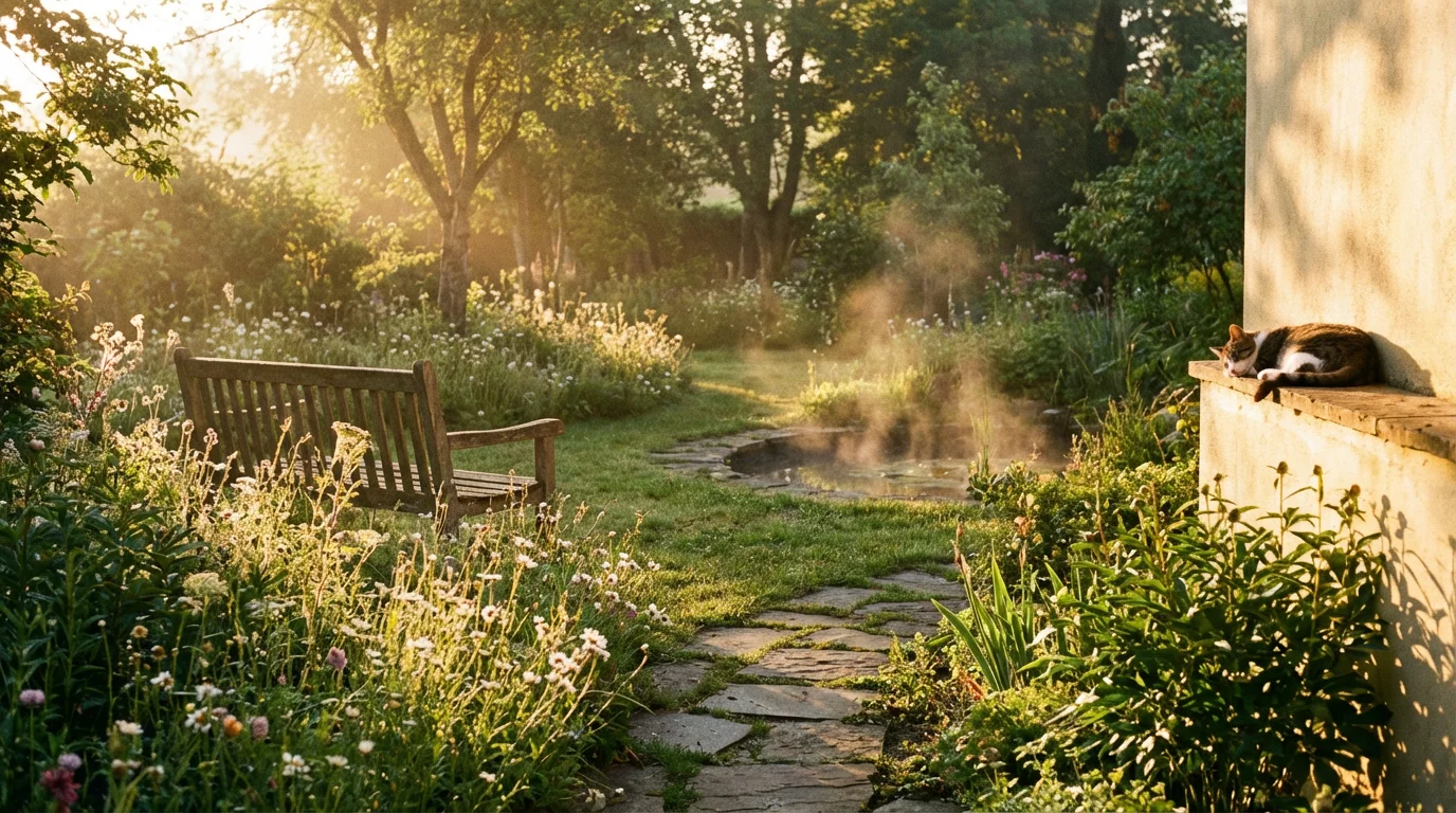 A peaceful garden at dawn invites calm reflection and prayer.
