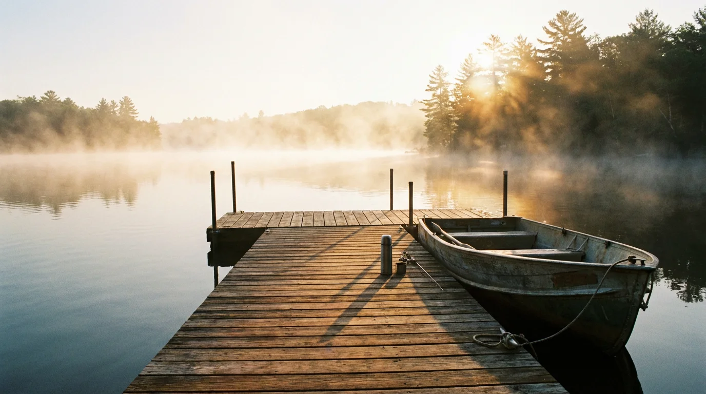 Morning light over a still lake with a wooden dock and soft mist.