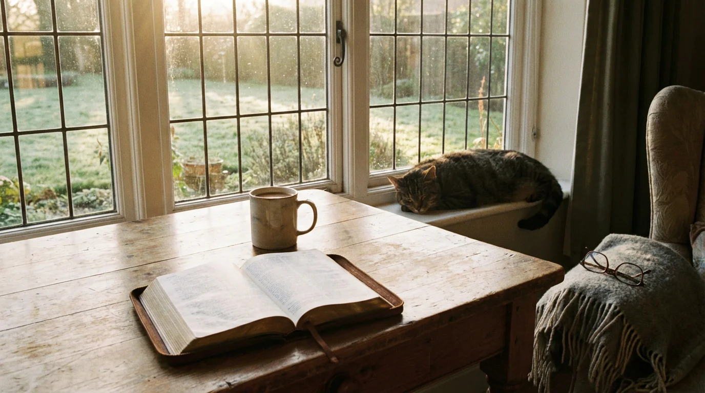 Quiet morning scene with open Bible, coffee, and soft light by a window.