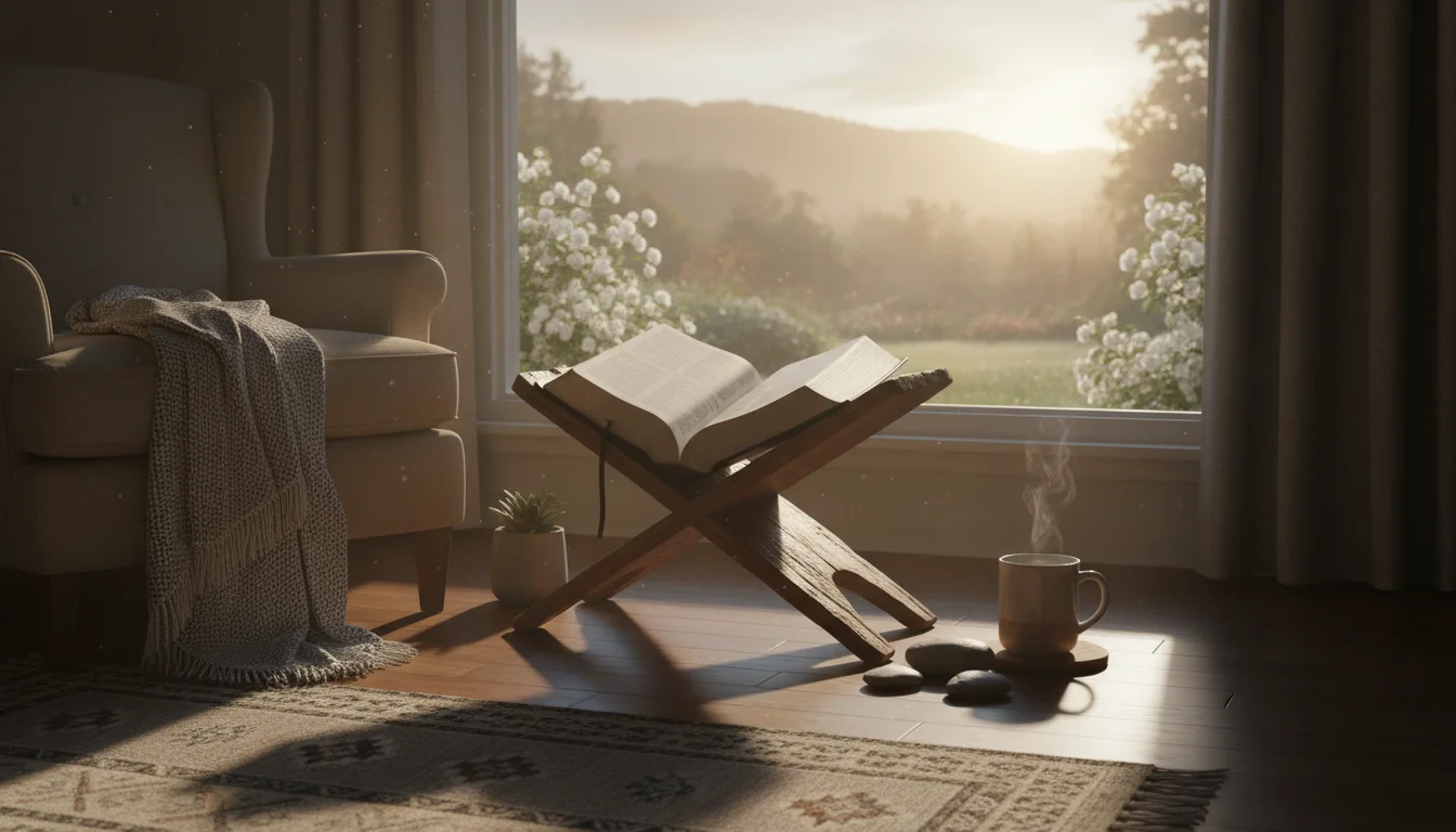 A peaceful morning prayer space with an open Bible and warm light.