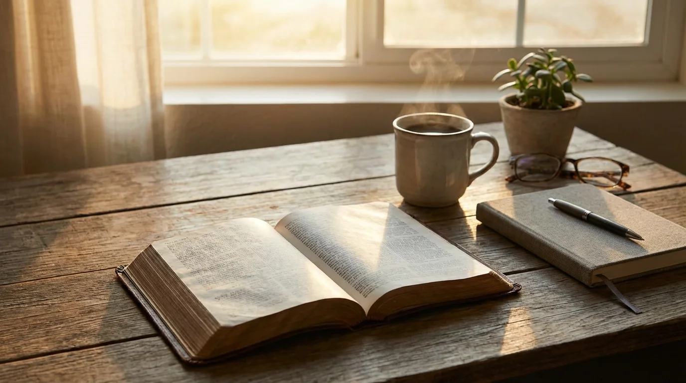Open notebook, Bible, and warm mug in soft morning light on a wooden table.