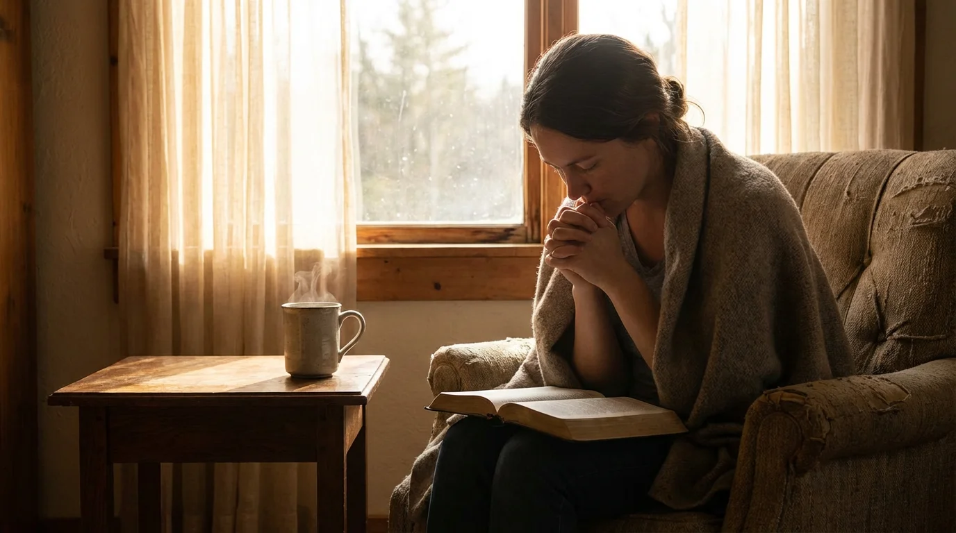 Soft morning light over a quiet chair and a warm mug, inviting a gentle moment of prayer.