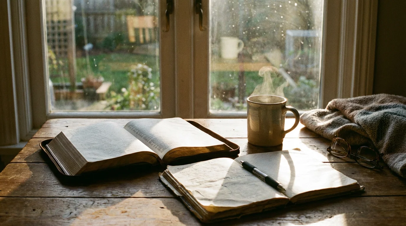 Morning light over an open Bible, journal, and warm mug on a small table.