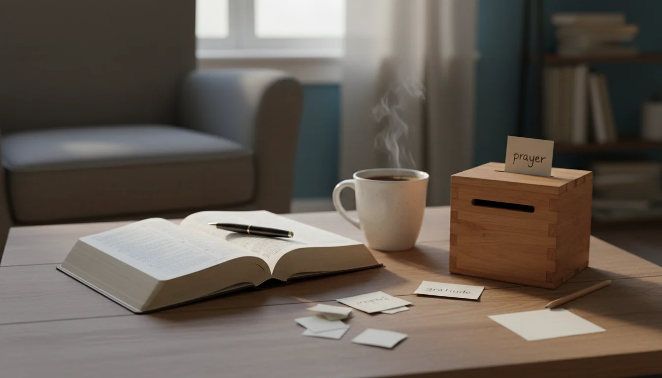 A person’s quiet morning space with an open Bible, coffee, and a ballot.