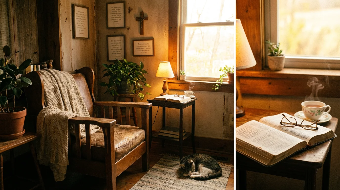 A peaceful morning prayer corner with a chair, Bible, journal, and warm light.