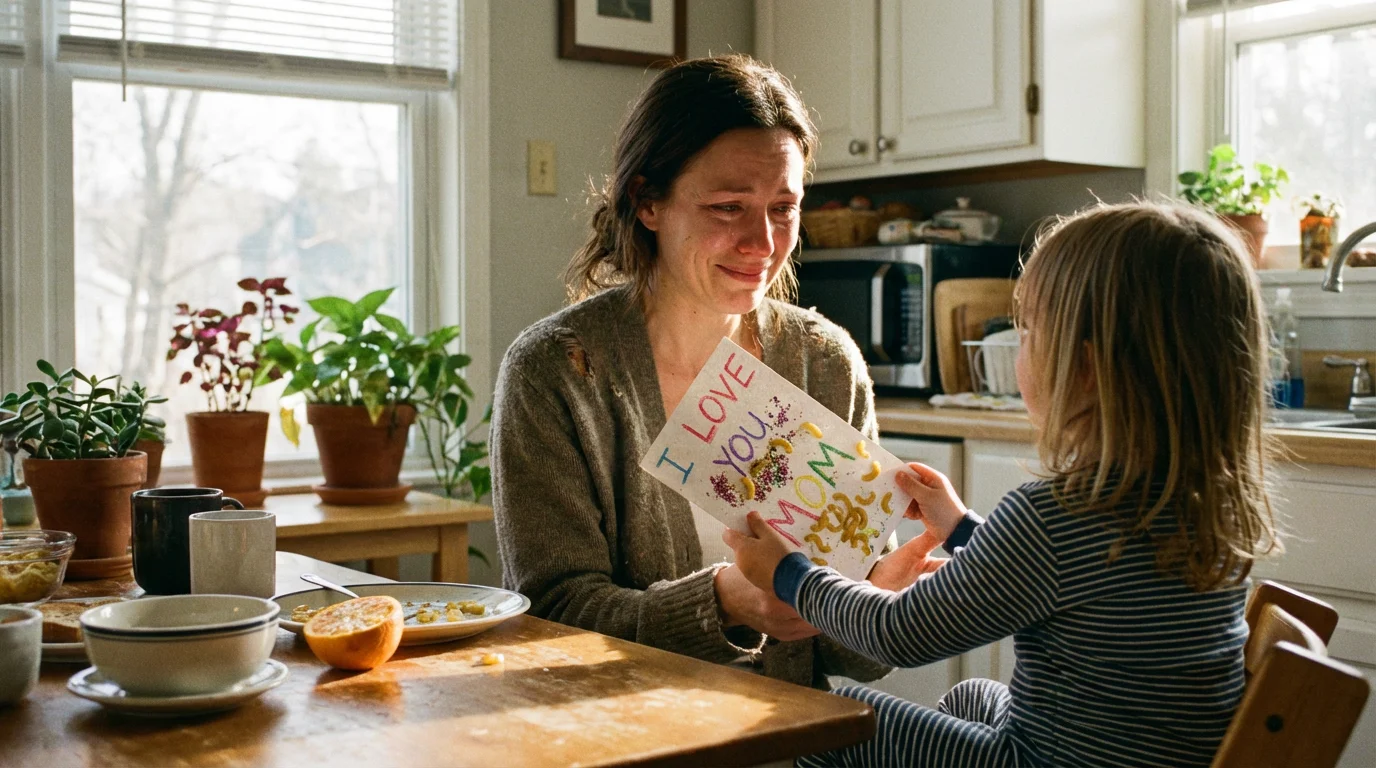A mother receives a child’s handmade card at a sunlit kitchen table.