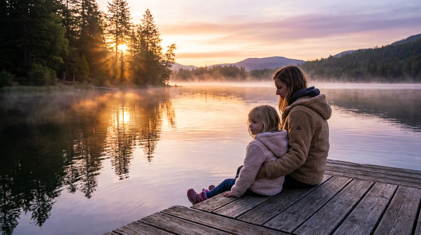 A mother and daughter walking at sunrise by a quiet lake, sharing a gentle moment.