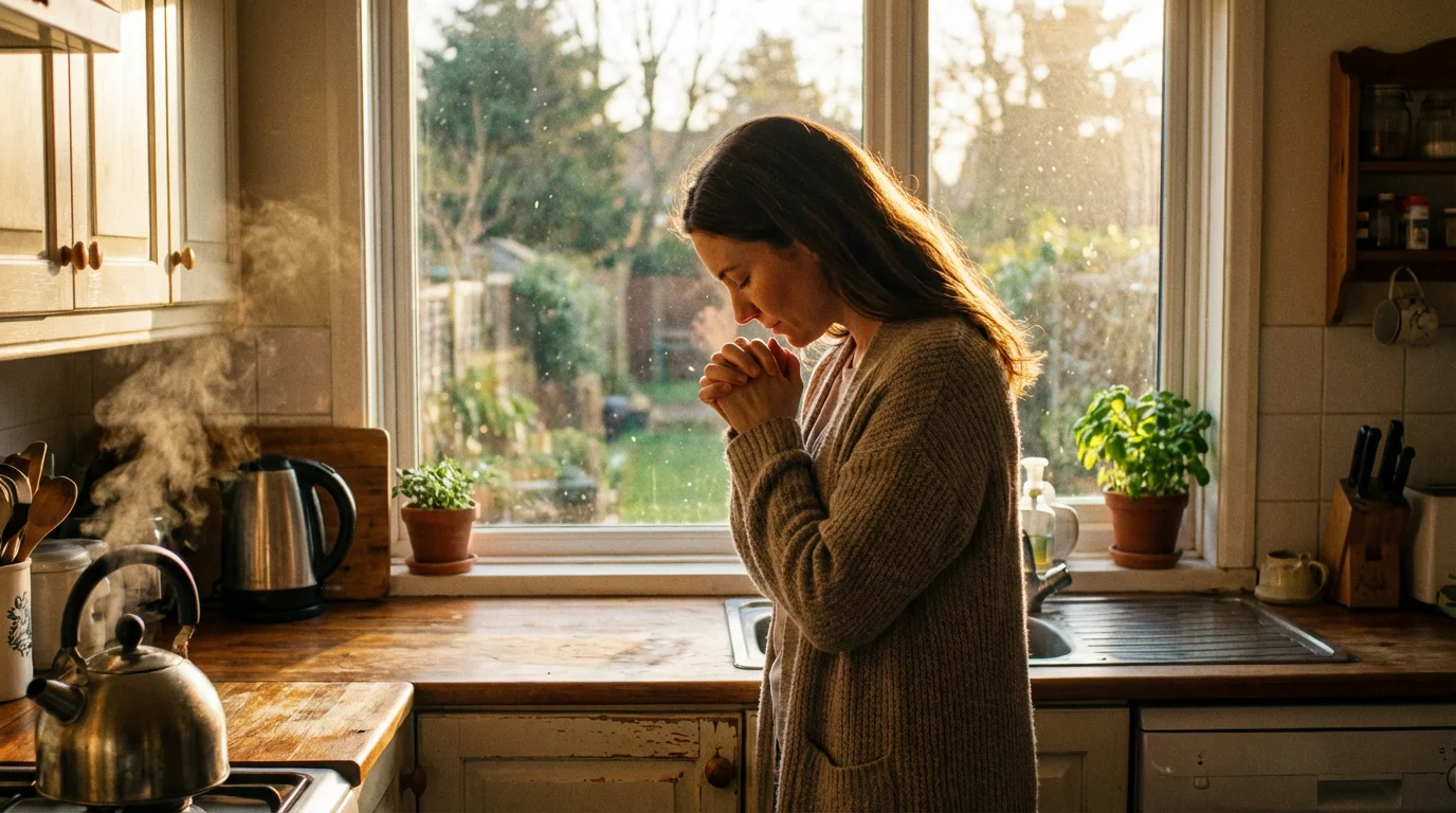 A mother pauses in morning light to pray by the kitchen window.
