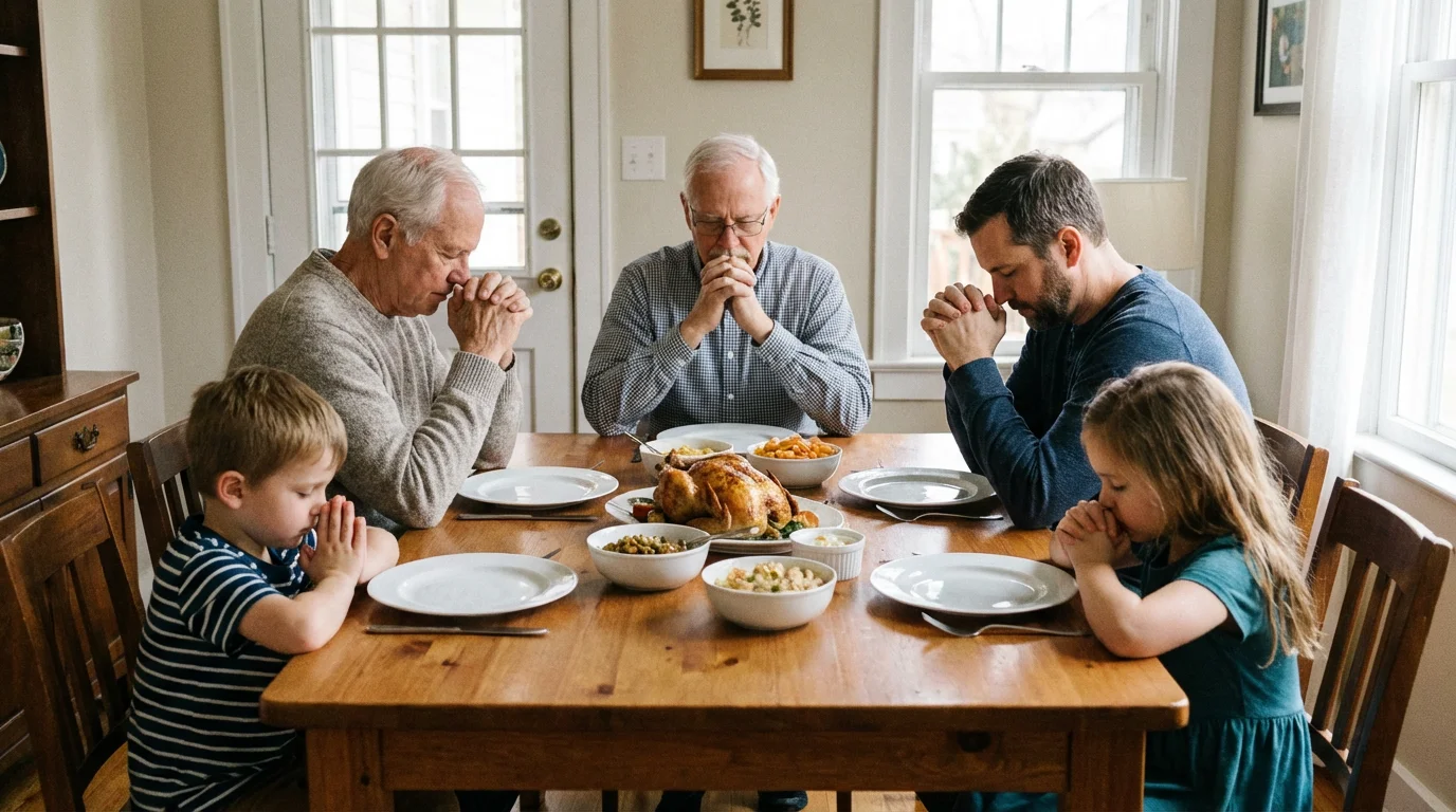 Three generations hold hands in prayer around a dinner table.