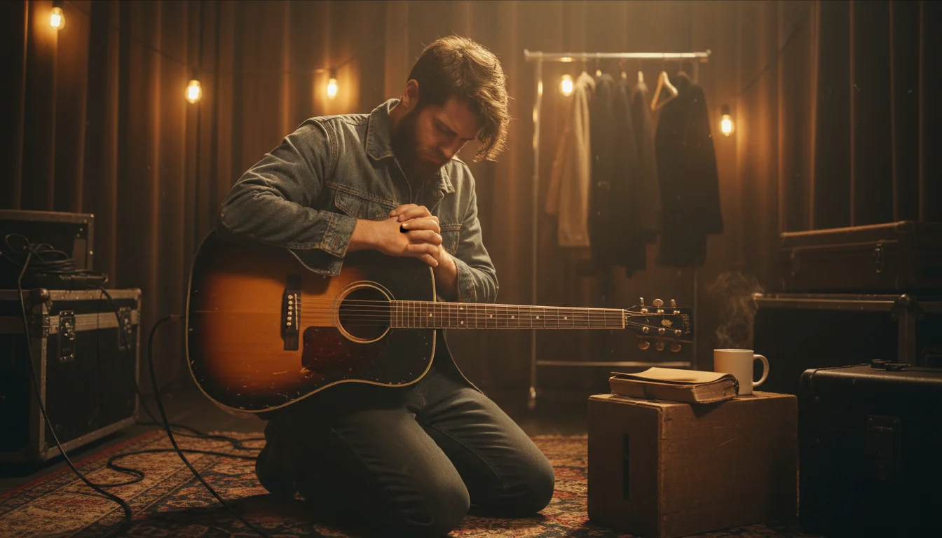 A musician prays quietly backstage, holding a guitar before performing.