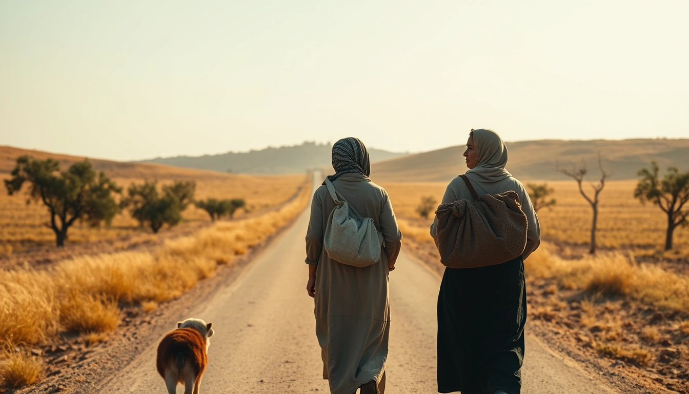 Naomi and Ruth walking a dusty road toward Bethlehem, sharing quiet resolve.