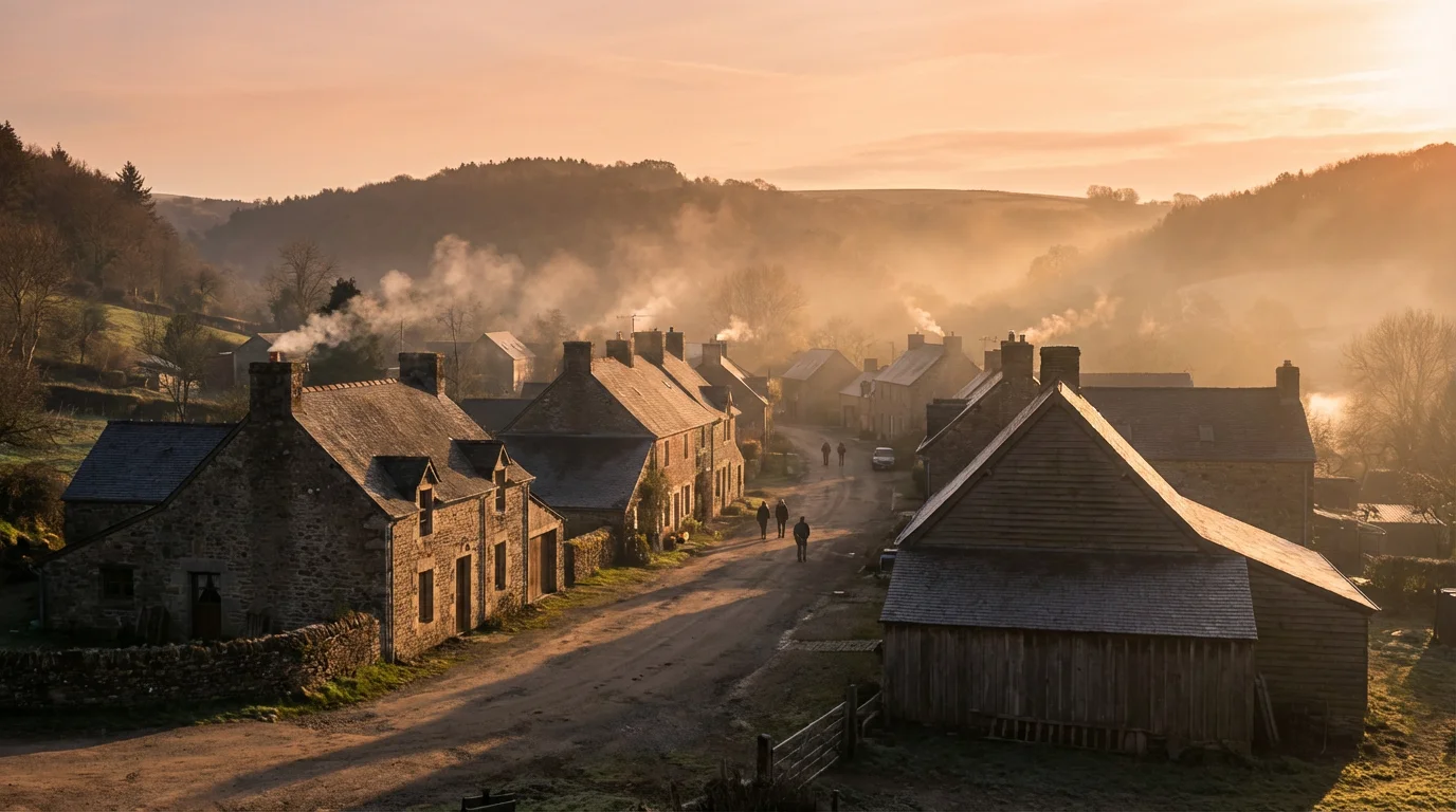 A peaceful dawn in a humble town, hinting at God’s nearness to everyday life.