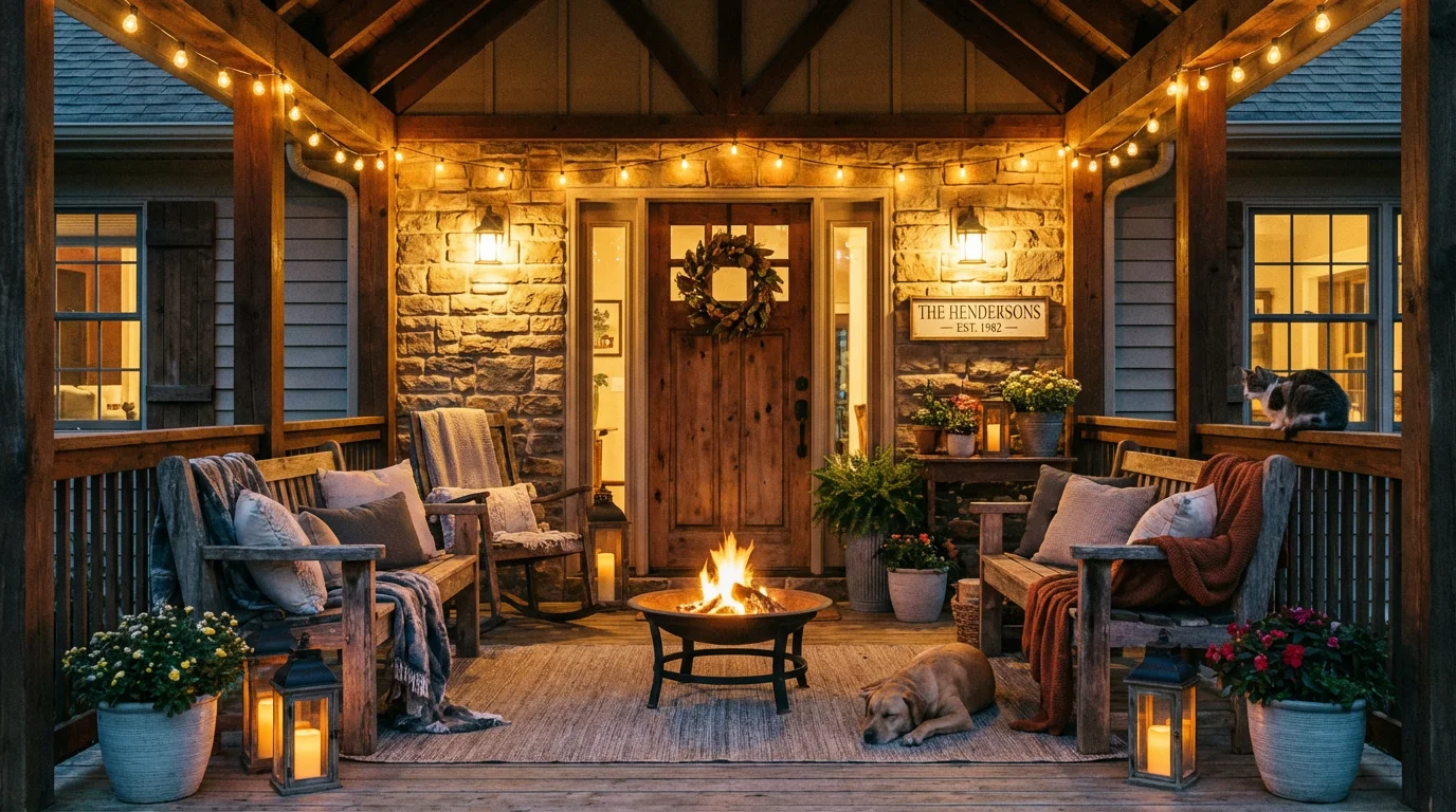 A welcoming evening porch scene on a friendly neighborhood street.