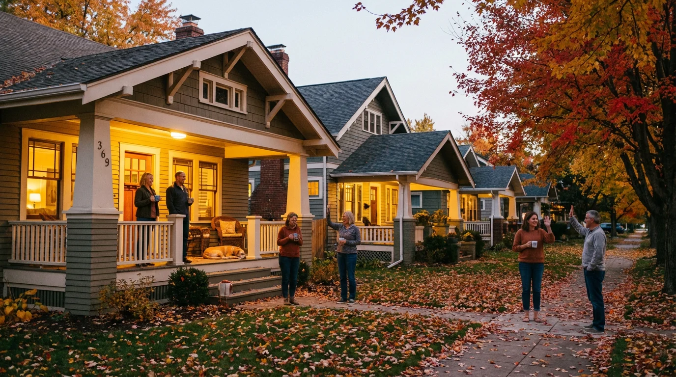 A peaceful autumn street with warm porch lights and neighbors greeting each other.