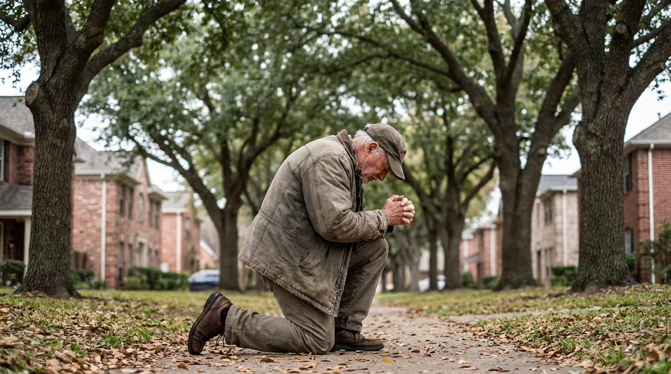 A neighbor walks a tree-lined sidewalk, quietly praying for nearby homes.