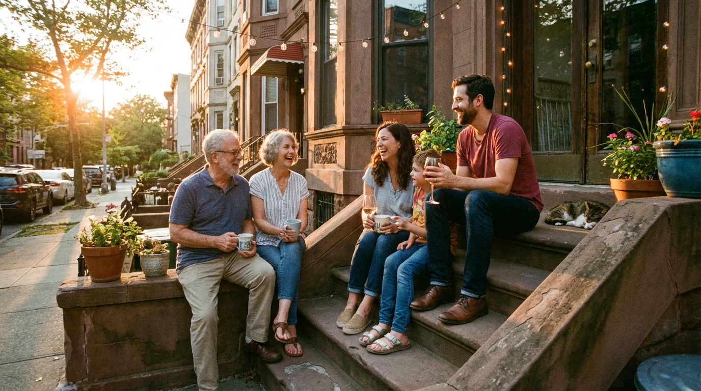Two neighbors share a warm, unhurried conversation on front steps at sunset.