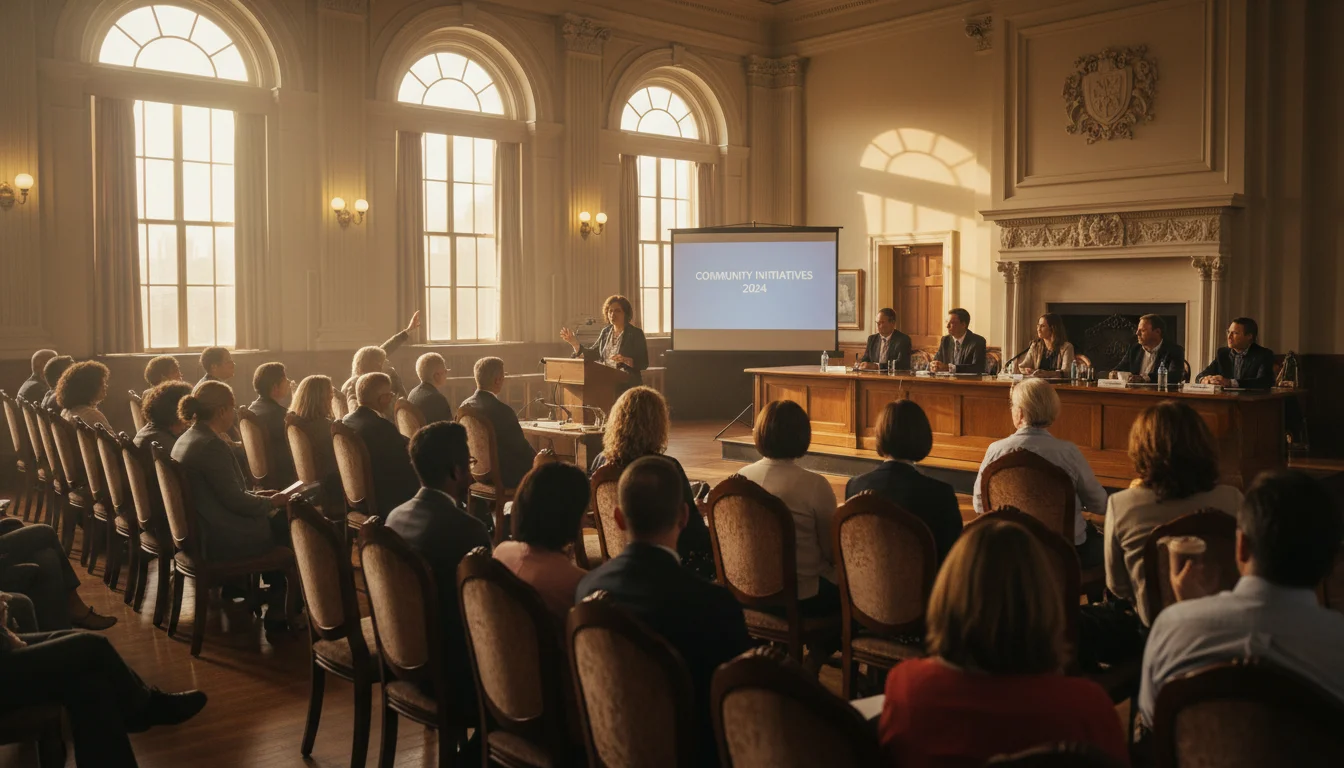 Neighbors gather in a town hall meeting bathed in morning light.