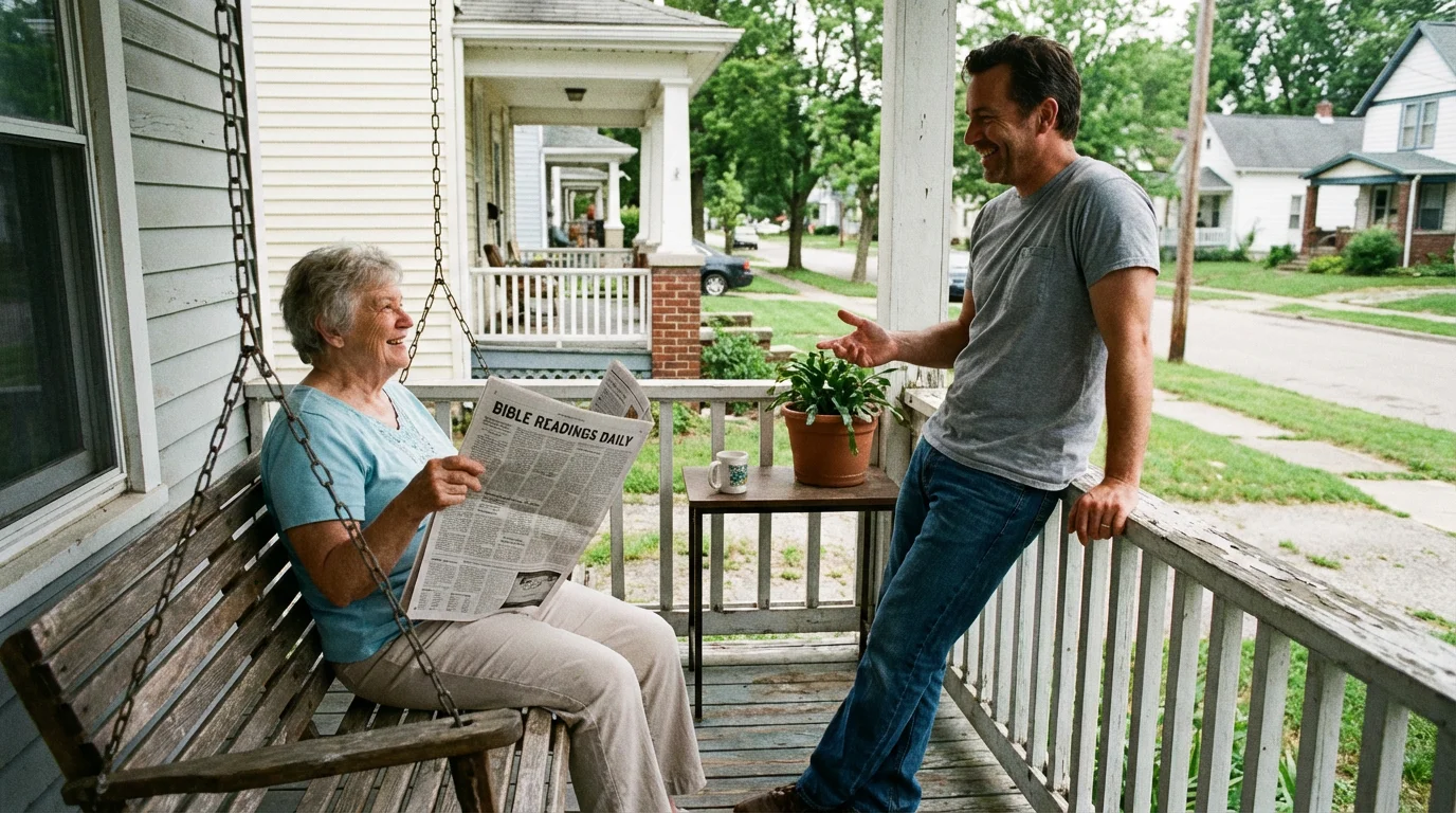 Neighbors share a calm conversation on a porch with a Bible and newspaper nearby.