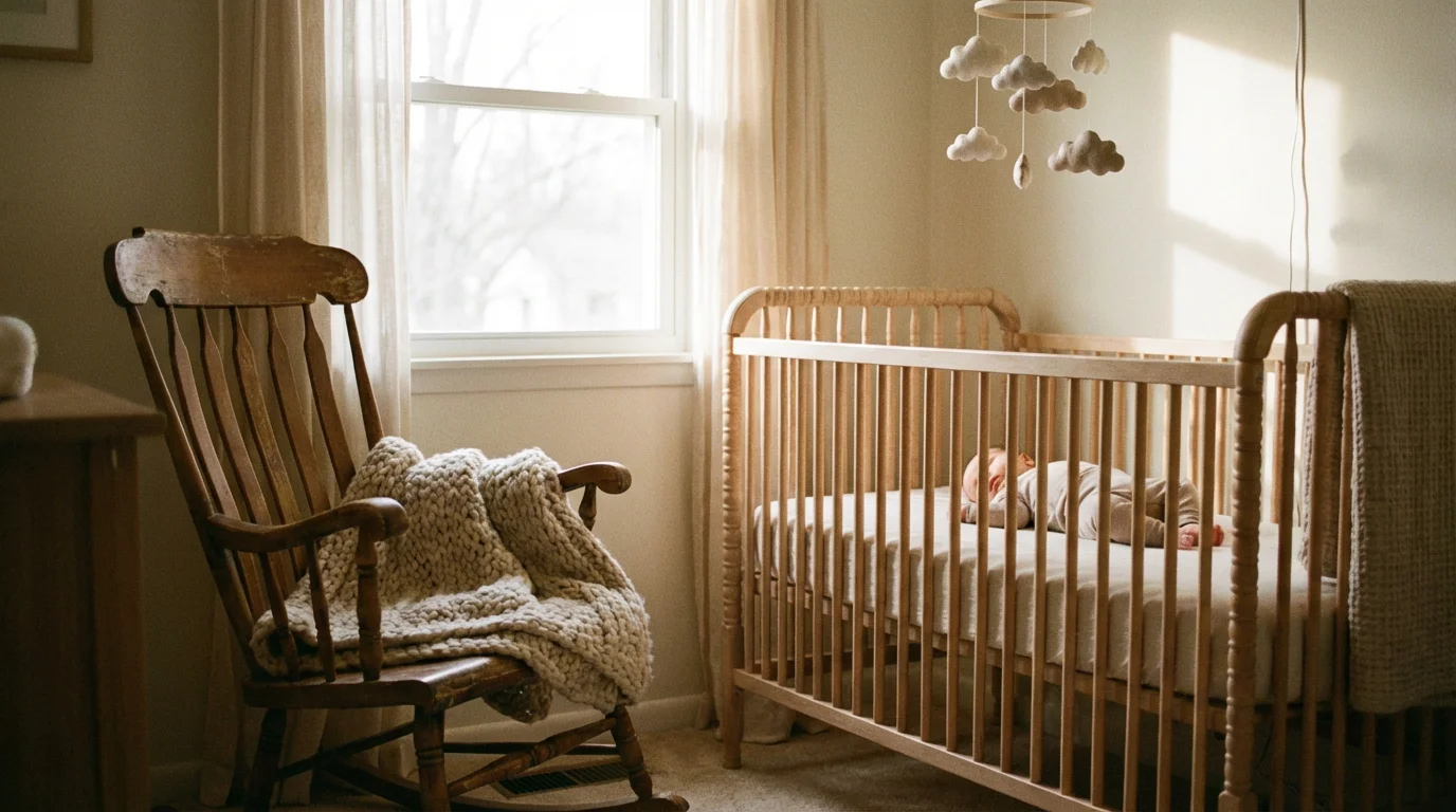 Soft dawn light in a cozy nursery with a rocking chair and crib.