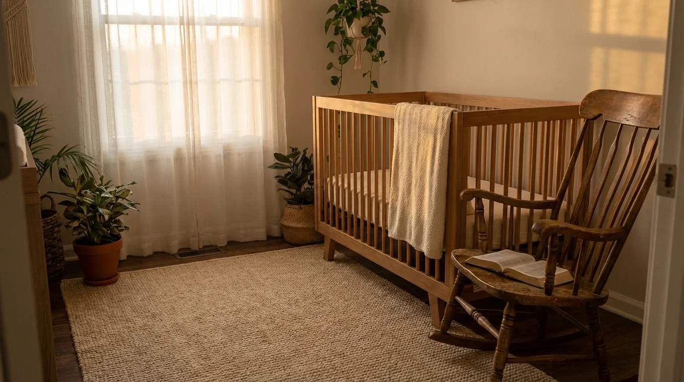 A peaceful nursery at dawn with a crib, a chair, and a Bible on a small table.