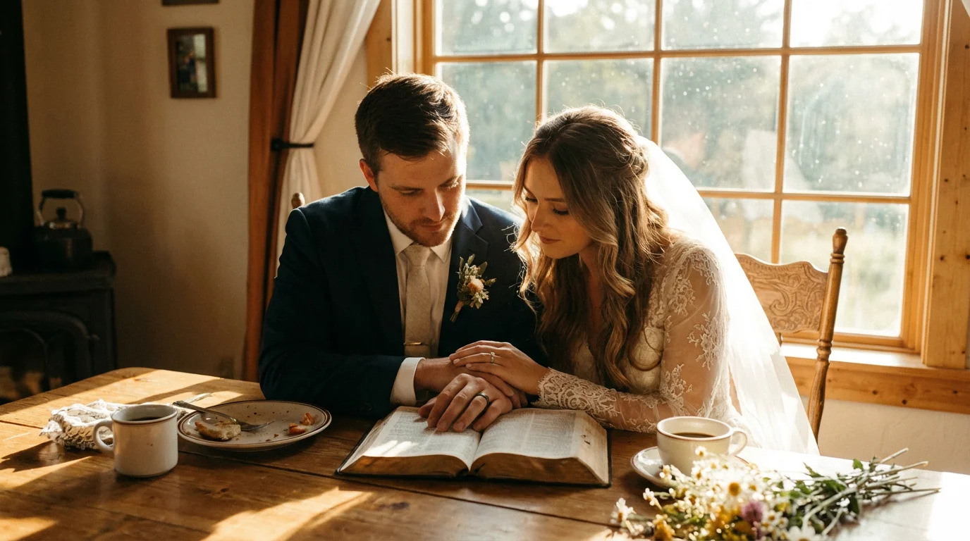 Newlyweds share quiet Scripture and coffee at a sunlit table.