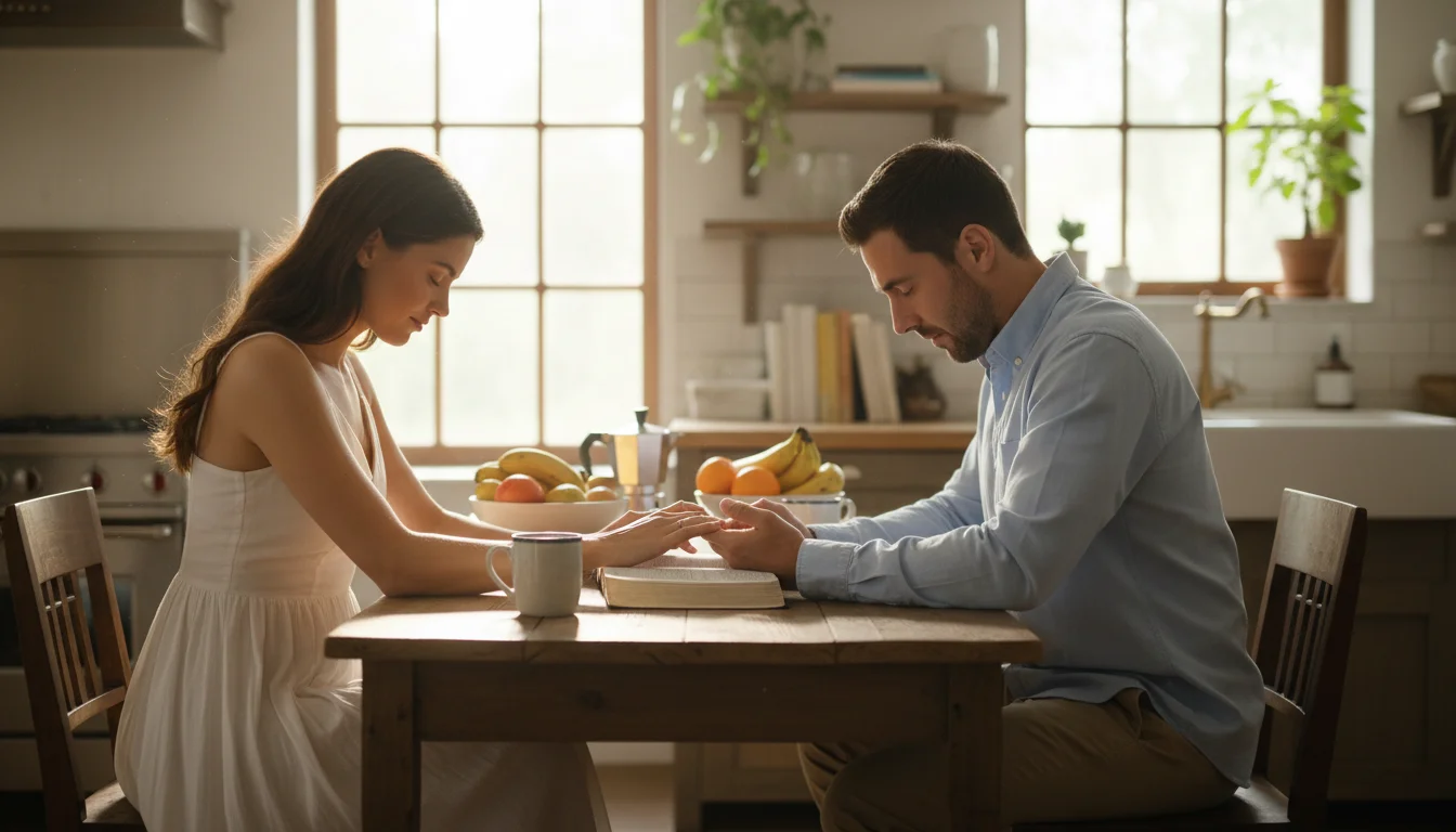 Newlywed couple holding hands in morning prayer at a small kitchen table.