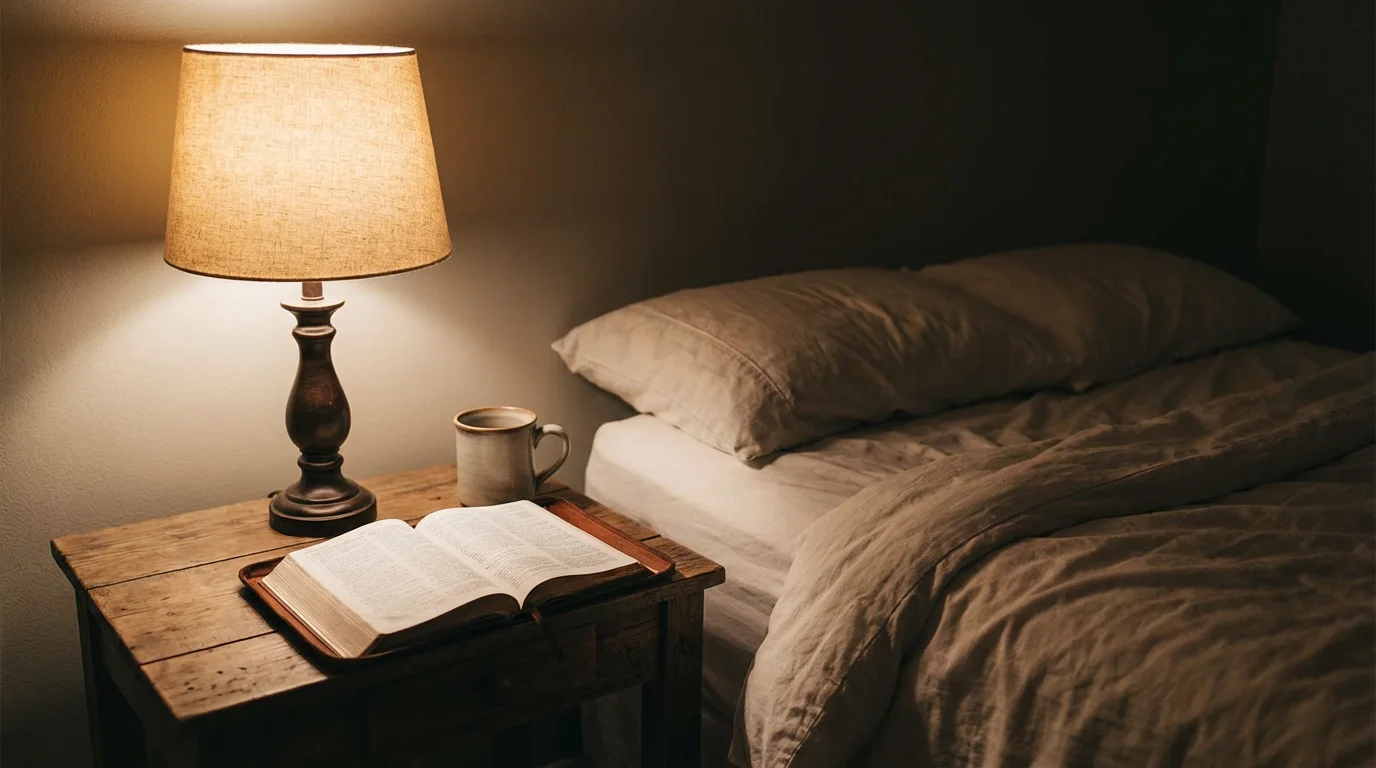 A bedside lamp glows warmly over an open Bible and a mug in a quiet bedroom at night.