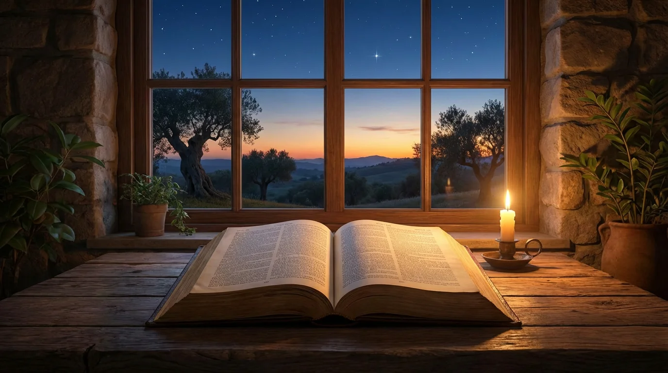 An open Bible by a window at dusk with stars beginning to appear.