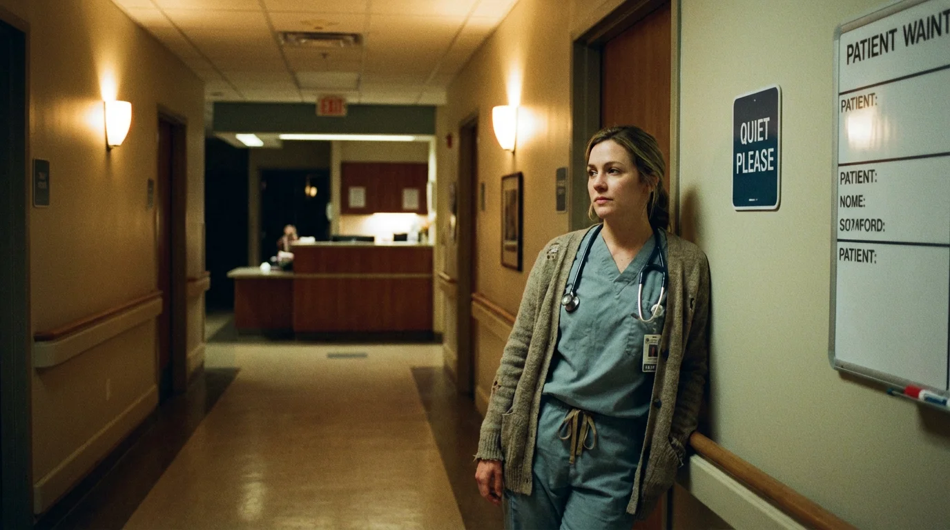 A nurse pauses in a softly lit hospital hallway, ready to offer compassionate care.