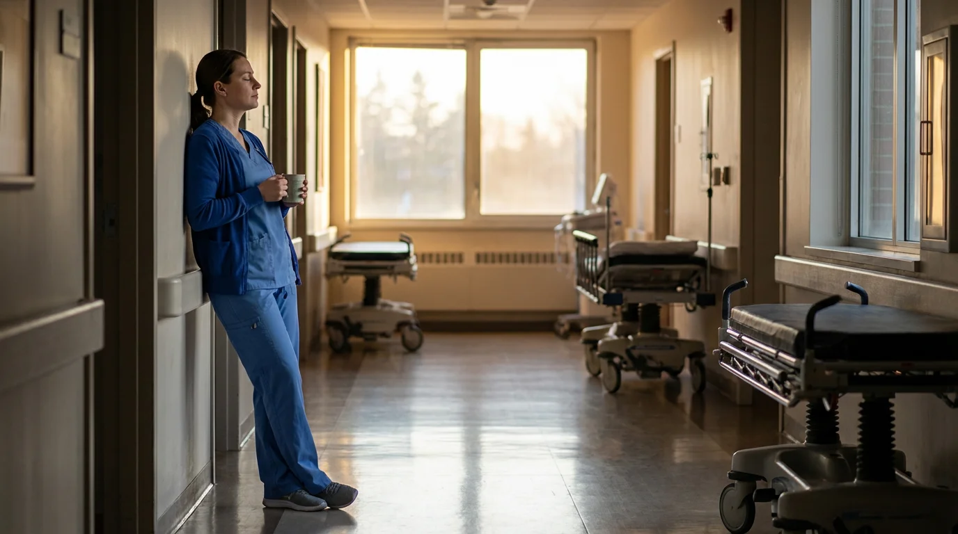 A nurse pauses in a softly lit hospital hallway at dawn, gathering calm for the shift.