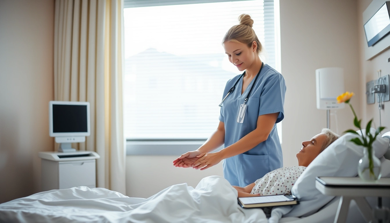 A nurse gently holds a patient’s hand in a softly lit hospital room.