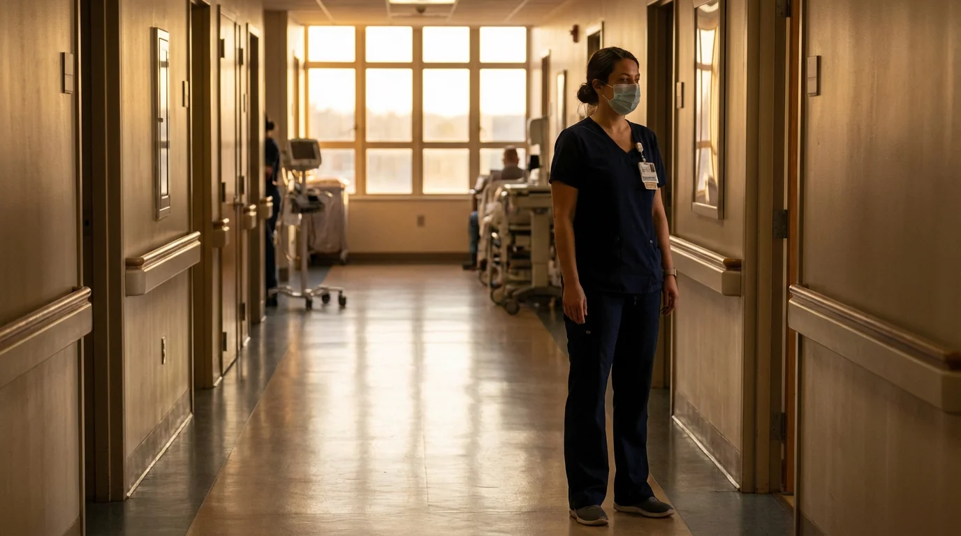 A nurse pauses in a softly lit hospital hallway at sunrise.