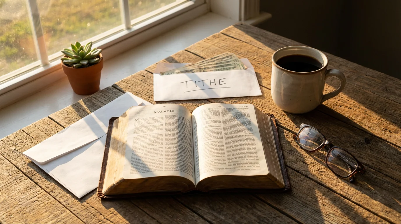 Open Bible, tithe envelope, and coffee on a sunlit kitchen table.