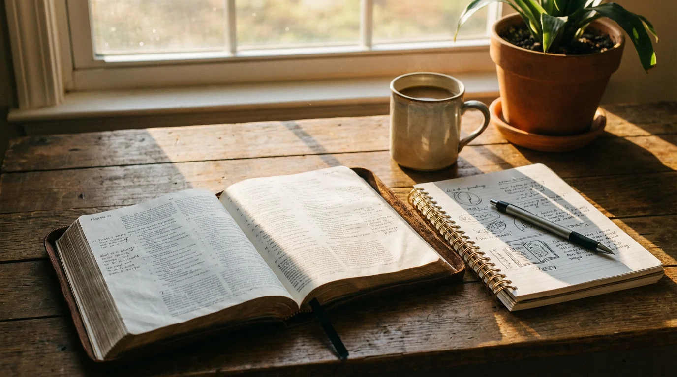 An open Bible with a notebook and pen in soft morning light.
