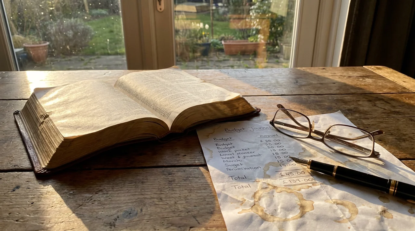 Open Bible beside a handwritten budget on a kitchen table in morning light.