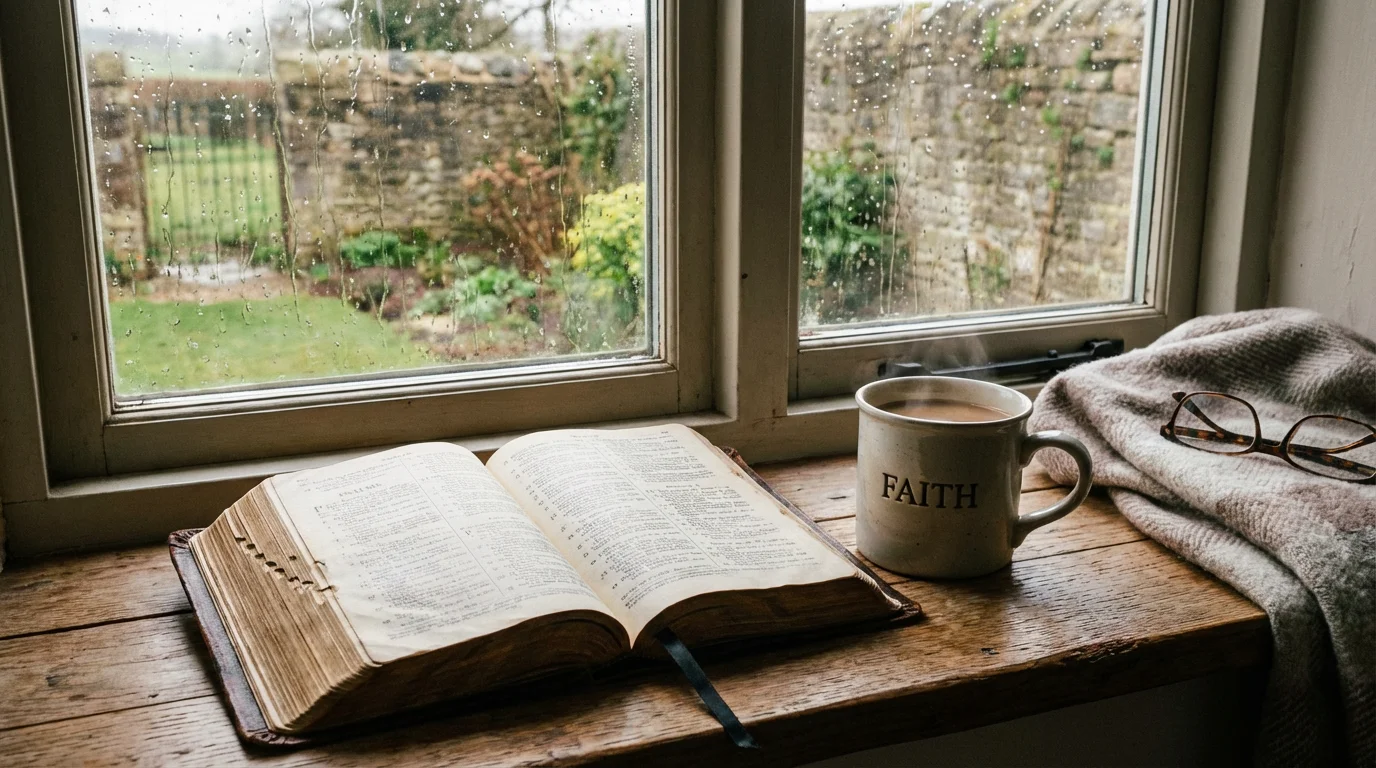 An open Bible and a warm mug by a window invite unhurried reflection.