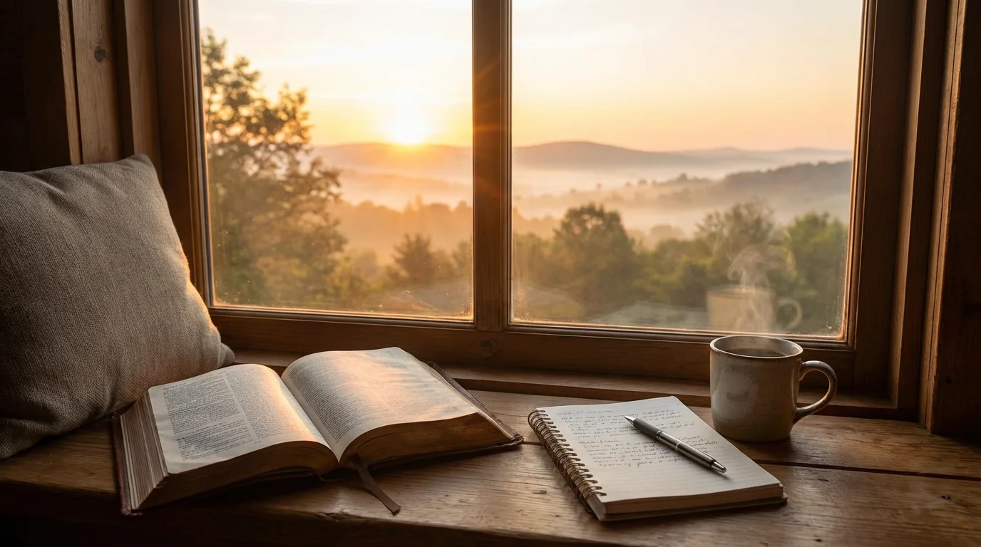 An open Bible by a window at dawn with a notebook and coffee.