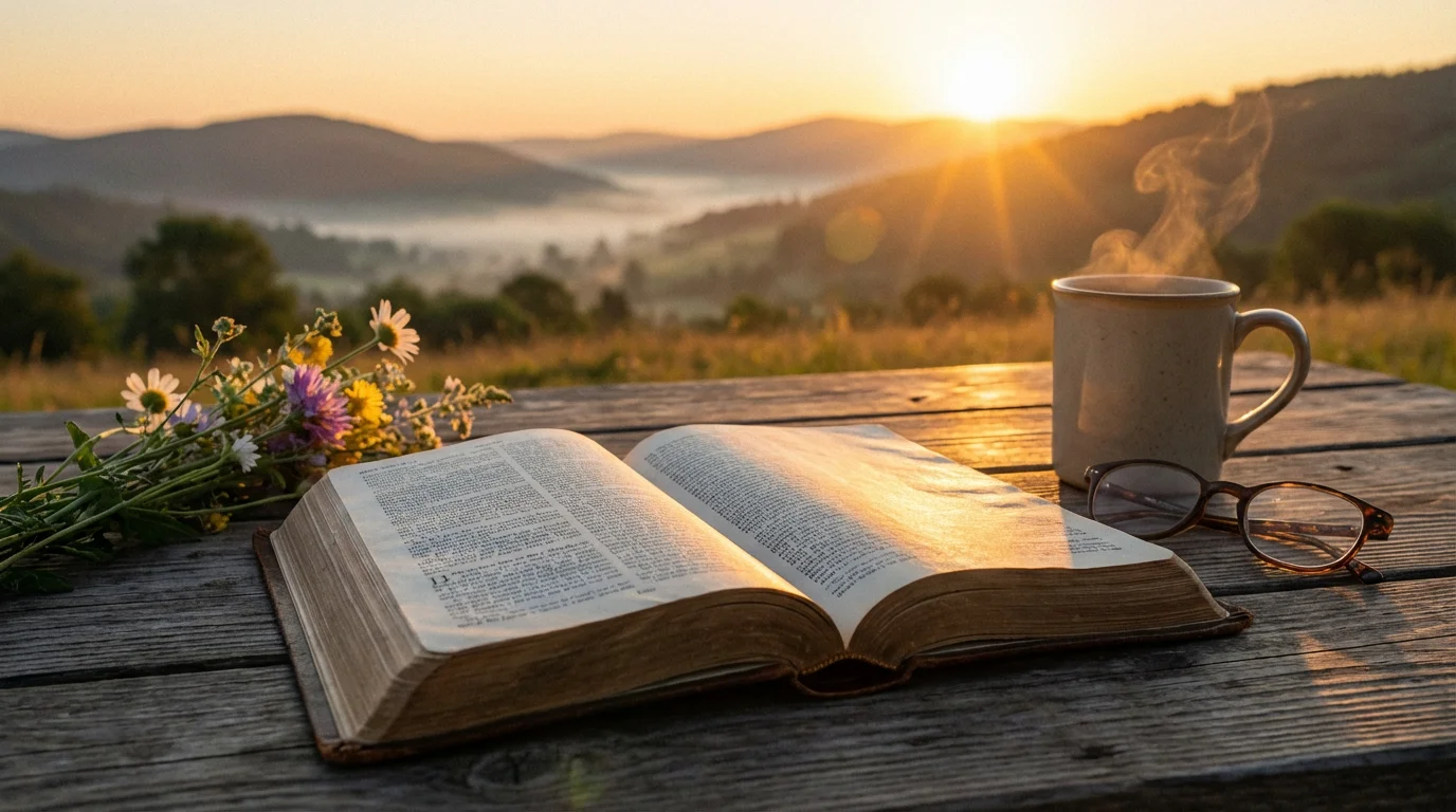 Open Bible at dawn on a wooden table beside a steaming mug.