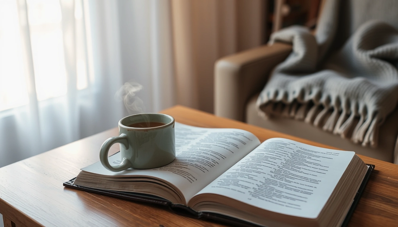 An open Bible by a softly lit window with a warm mug nearby.