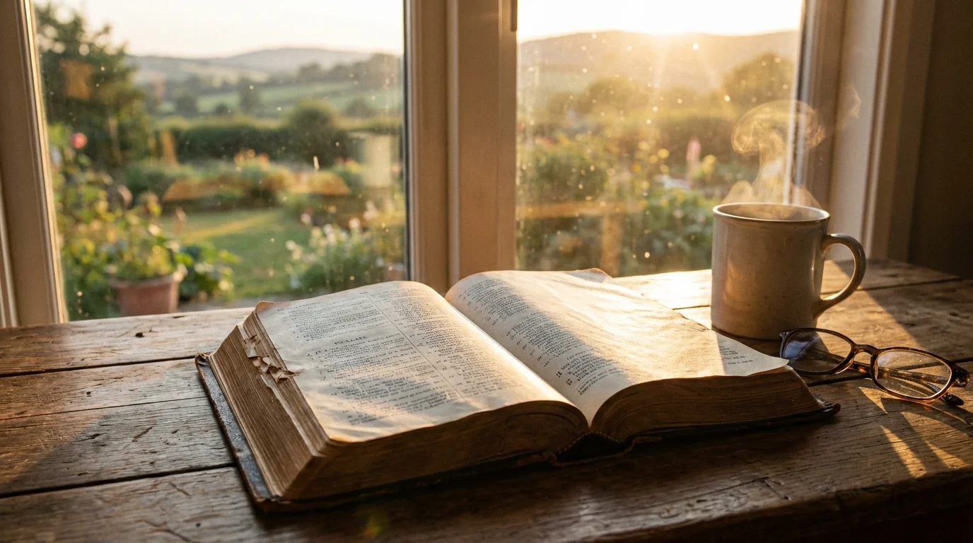 An open Bible by a window in morning light, inviting prayer.